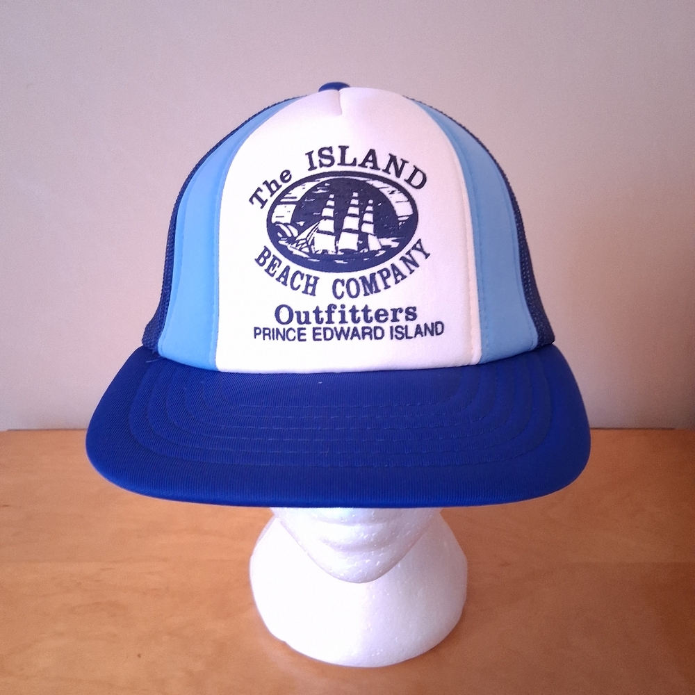 VTG 1980s The Island Beach Company Outfitters PEI Blue Trucker Hat Snapback Cap